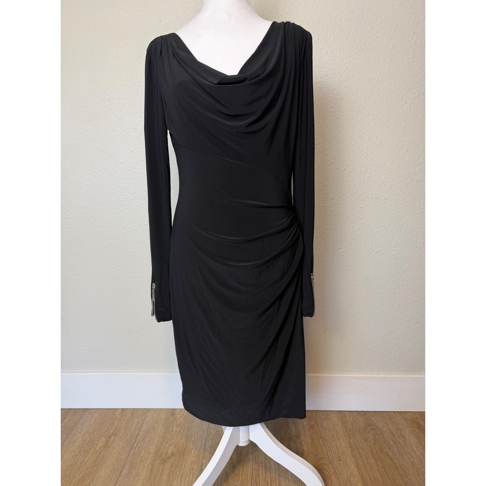 Vintage Y2K CACHE Black Cowl Neck Ruched Dress M Side Zipper Sleeve Cuff Slit